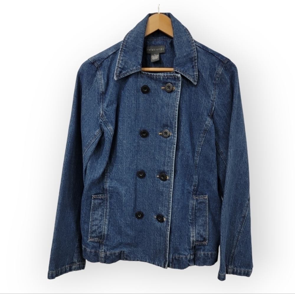 Relativity Double Breasted Denim Blue Jean Jacket 100% cotton Size M